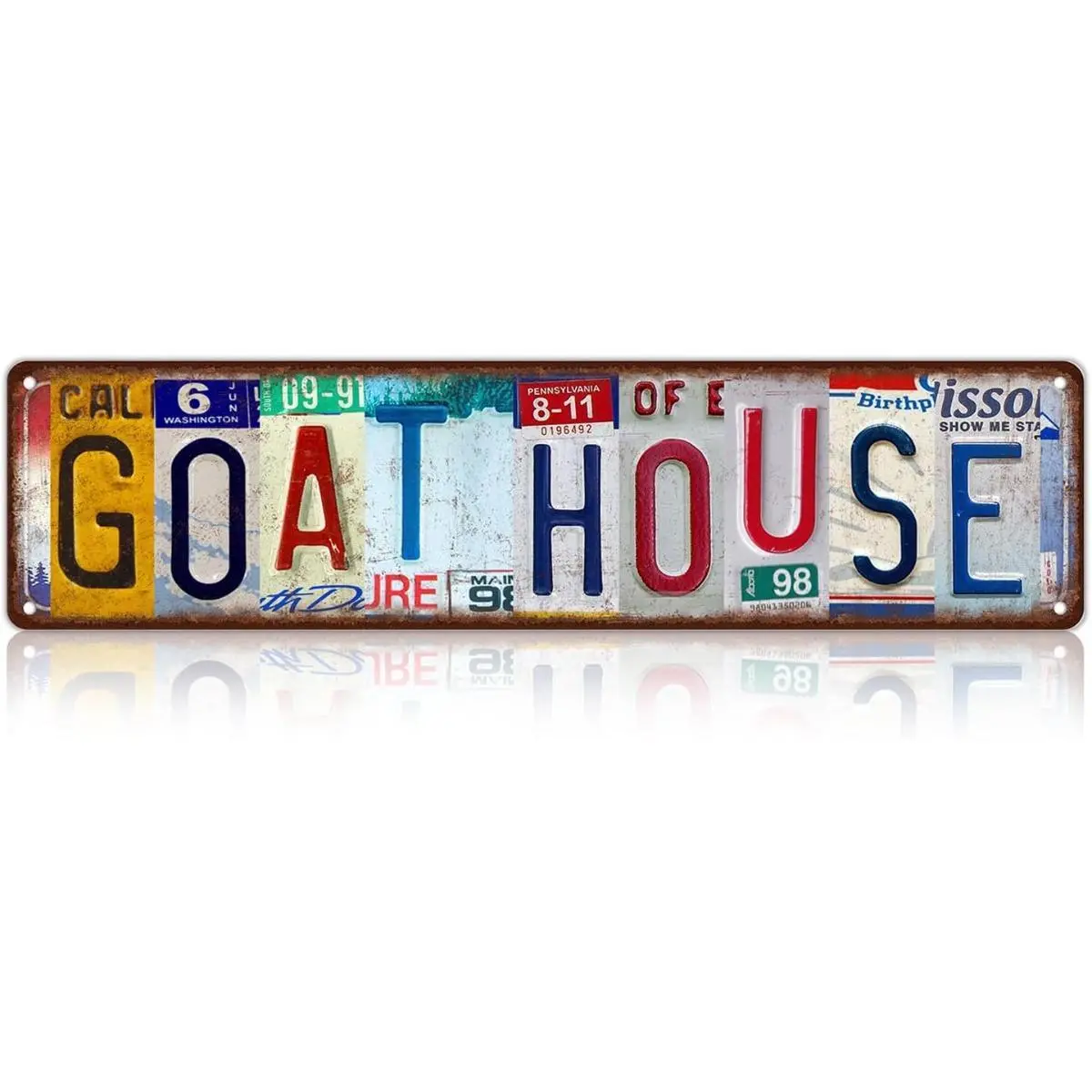16×4 Inch Vintage License Plate Collage Metal Tin Sign, GOAT HOUSE Multi-State Retro Plate Plaque, Distressed Rustic Farm Barn Patio Wall Decor, Funny Novelty Gift For Goat Farmers & Country Farmhouse Lovers