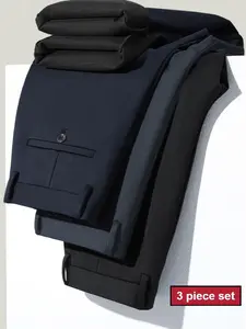 3-pieces Men's New Loose Straight Leg Elastic Solid Color Formal Pants, Anti-Wrinkle Comfortable Business Casual Long Trousers for All Seasons