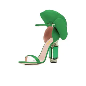 Green Flower Heels with Stacked Bracelet and Flower Accent, Green Color, Open Design, Wedge Heel
