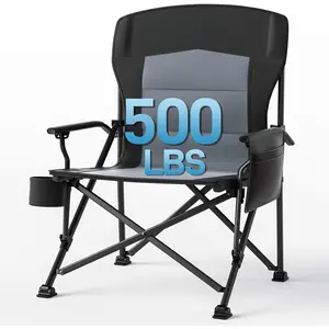 Oversized Folding Camping Chair, for Adults Heavy Duty Lawn Chair with Side Pockets, Portable Collapsible Quad Chair for Outside, Support Up to 500lbs, Grey