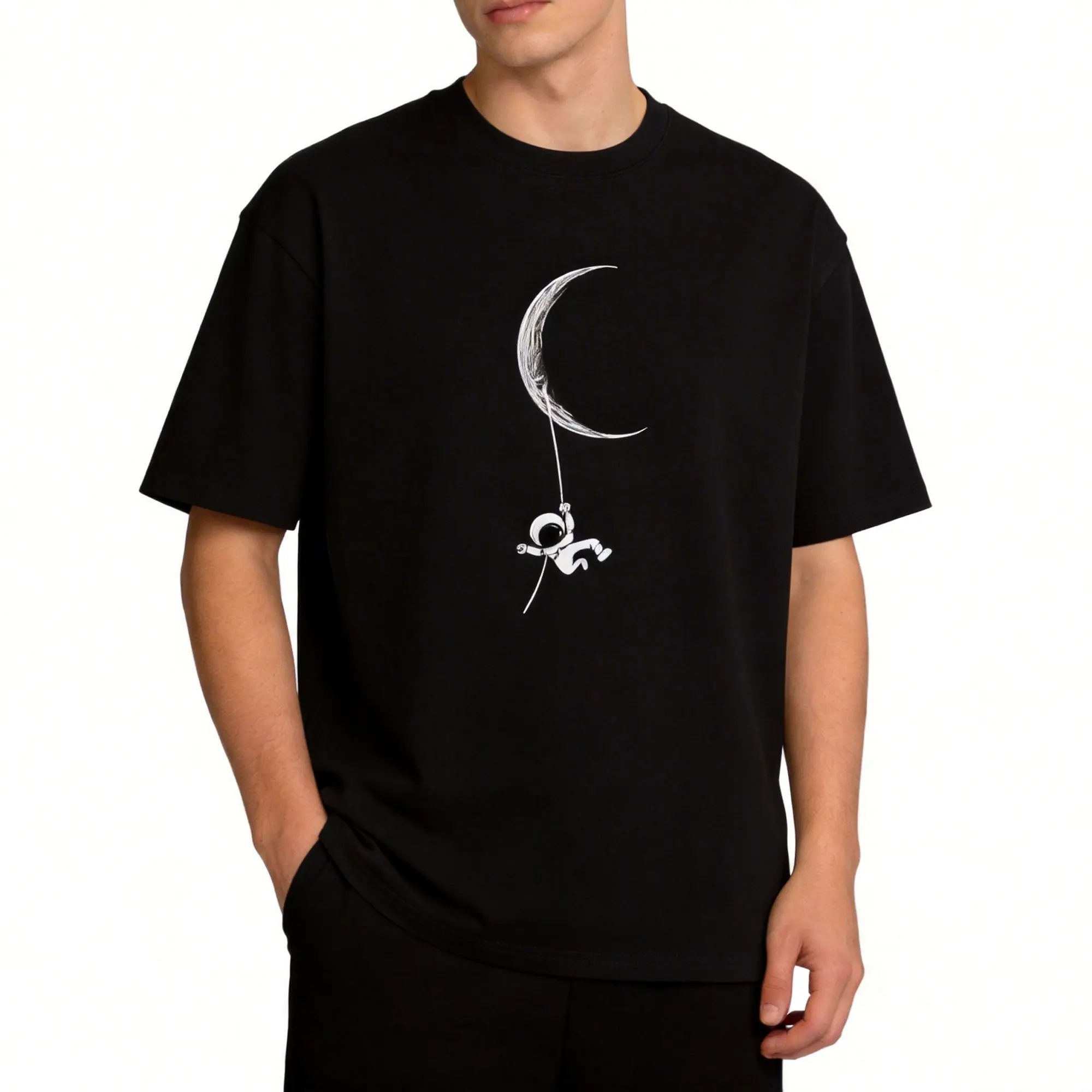 Spring Summer Couple Street Style Astronaut Moon Print Loose Crew Neck Short Sleeve T-Shirt