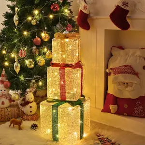 Set of 3 Christmas Lighted Gift Boxes Light Up Present Boxes Ornament Decorations with Remote Control 8 Modes Indoor Outdoor Warm White Christmas Decoration PTE Material Durable Waterproof for Tree Porch Yard Lawn