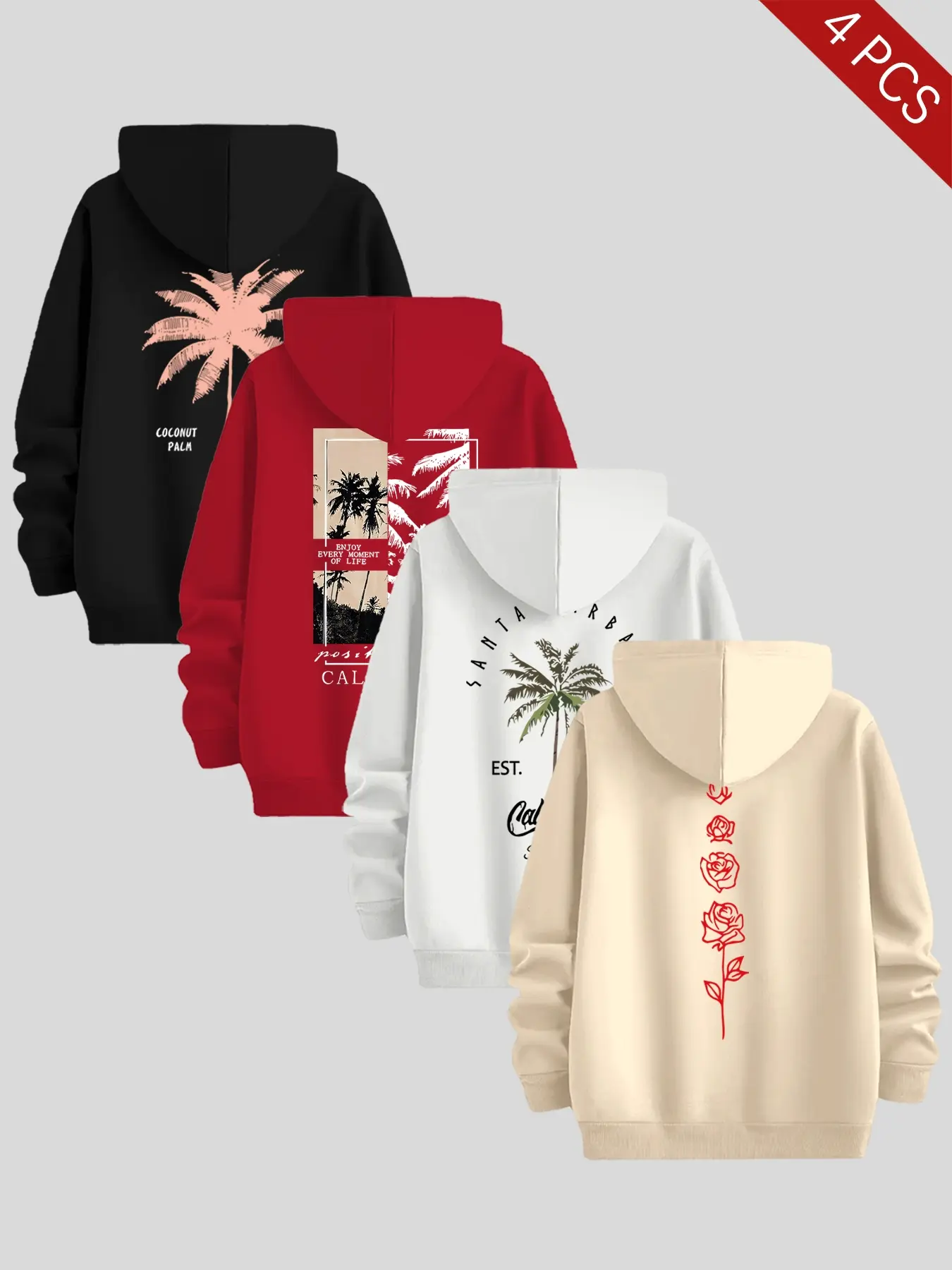 Men's Fall Winter Thick Knit Long Sleeve Fabric Casual Hooded Sweatshirt 4-Pack, Coconut Tree Letter Print, Kangaroo Pocket & Drawstring, Ideal Gift for Friends Boyfriend, Clothes
