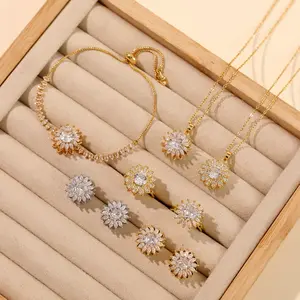 4 in 1 Soothing Stress Lucky Rotating Sunflower Pendant Necklace Soothing Restlessness Necklace, Ring, Bracelet Set, Rotating Crystal Flower Necklace, Titanium Sunflower Pendant Necklace, Flexible Rotating Jewelry