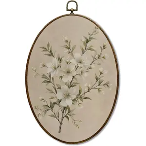 Vintage Floral Oval Framed Wall Art, Cottagecore Retro Flower Botanical Oval Canvas Wall Decor, Rustic Floral Framed Prints Hanging Decor for Home Bedroom Living Room, 8.5x11.5 Inch