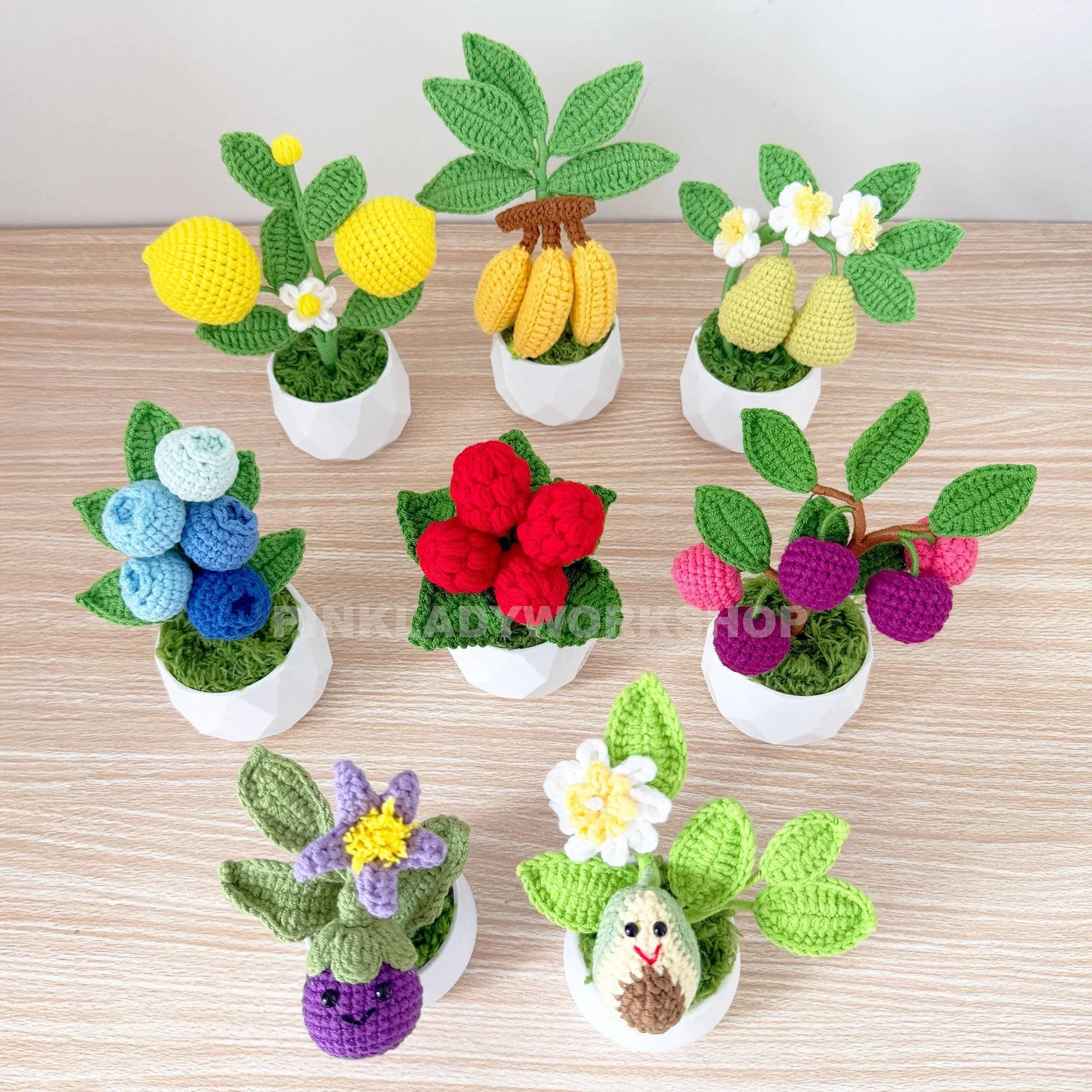 Handmade Crochet Fruit Vegetable Pot | Kawaii Plants | Mini Decor | Avocado, Cherry, Banana, Lemon, Pear, Eggplant, Raspberry, Blueberry Colorful Decorative