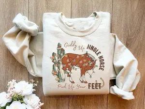 [Sale off up to 50%] Cowboy Christmas Sweater, Giddy Up Jingle Horse Pick Up Your Feet, Howdy Country Christmas Horse, Cowgirl Shirt, Christmas Sweatshirt