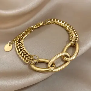 Trendy Golden Thick Chain Stainless Steel Bracelets, New Design Splicing Chain Wrist Jewelry-Perfect for Casual Attire or Parties, Wear daily gifts for friends and family birthdays, friendship accessories bracelet stack friendship  bracelets for women