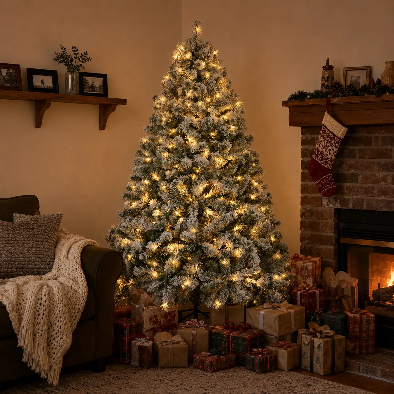 【Warm Lights】Costoffs 4.5/6/7.5/9/12ft Flocked Artificial Christmas Tree with Warm White Lights, Hinged Metal-Steel Holiday Decor for Living Room, Apartment