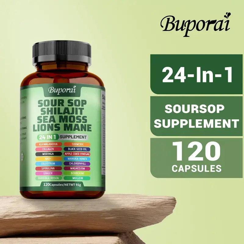 Soursop Dietary Supplement, rich in antioxidants, 120 capsules per bottle, with added shiitake mushroom, seaweed, and lion's mane mushroom, 24 in 1, supports skin, joint, and bone health.