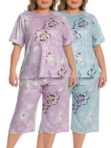 Women's Plus Size 2-Piece Shortsleeve Pajama Set - Fit Stripe Top with Cute Lip Print Capri Pants, Soft Breathable Fabric Loungewear for Home Sleepwear, Pajamas Sets for Women,summervibes