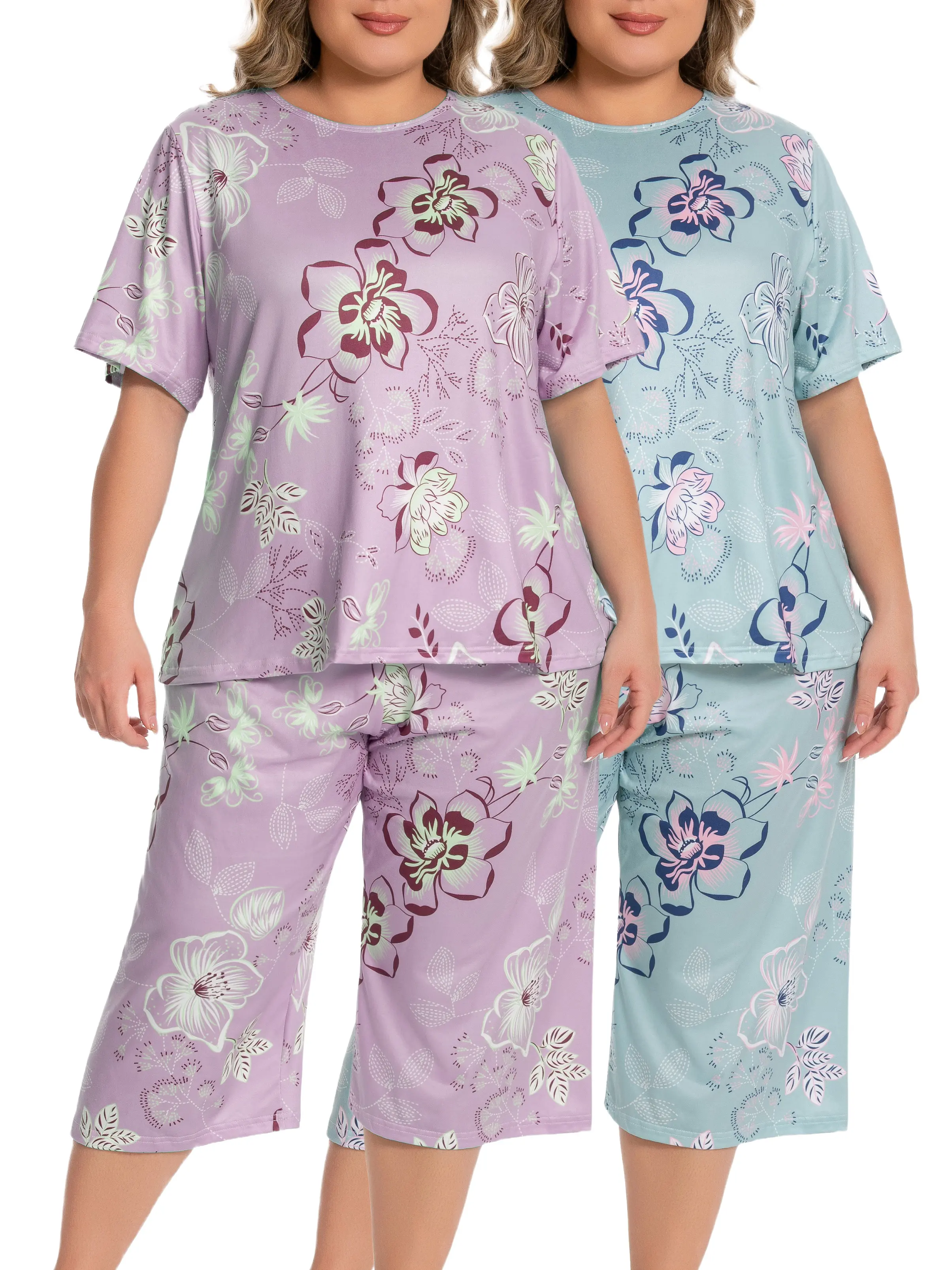 Women's Plus Size Lip Print 2-Piece Pajamas Set - Short Sleeve Top & Capri Pants Soft Nightwear, Body Positive Loungewear, Comfortable Home Outfits, Pyjamas, Casual, Stripe, Funny, Clothes, Knitting, Shortsleeve, Pajama Set, Breathable, Machine Wash, All,