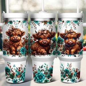 1 40 oz double-walled stainless steel vacuum insulated mug, featuring a three-headed Highland cow surrounded by blue-green flowers and lush green leaves， the ordinary water bottle