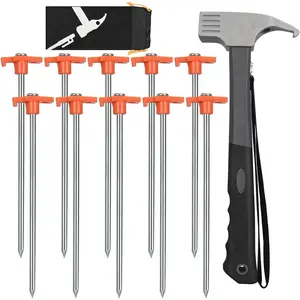 10-Piece Set: 10-Inch Heavy-Duty Tent Stakes & Hammer Kit - Includes Storage Bag - Ideal for Outdoor Camping Tents, Tarps, Awnings, Picnics, and Sun Shelters