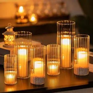 Ribbed Glass Candle Holder, Cylinder Candle Holders for Pillar Candles, Clear Hurricane Candle Holder Set of 6, Decorative Floating Candle Vases for Centerpieces Wedding Table Decorations