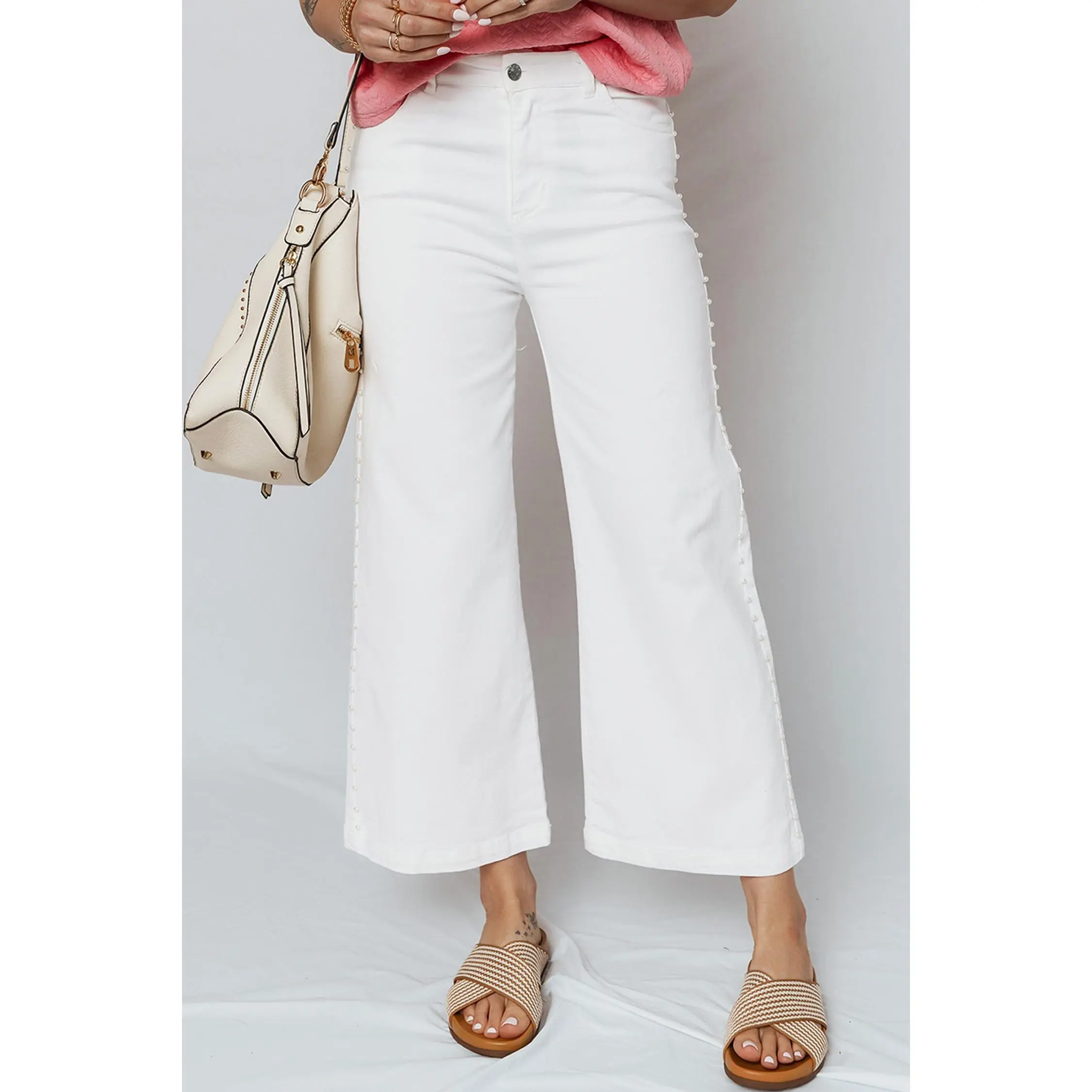 White Pearl Embellished Side Seam Ankle-length Shift Jeans