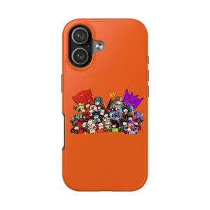 Cartoon Robot Crew Tough Phone Case | Orange background, Transformers-style characters