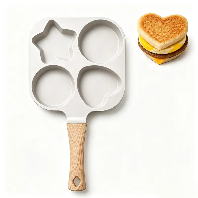 Cute 4-in-1 Nonstick Egg Frying Pan, 4-Hole Star Breakfast Skillet with Wooden Handle for Eggs, Pancakes, Omelettes & Breakfast Sandwiches, Easy-Clean Cookware for Family Breakfast, Kids Meals & Back to School Bakeware