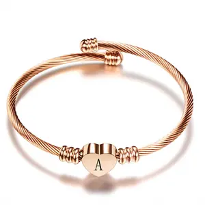 Women's rose gold-plated silver-plated stainless steel 26-letter love heart simple steel wire bracele
