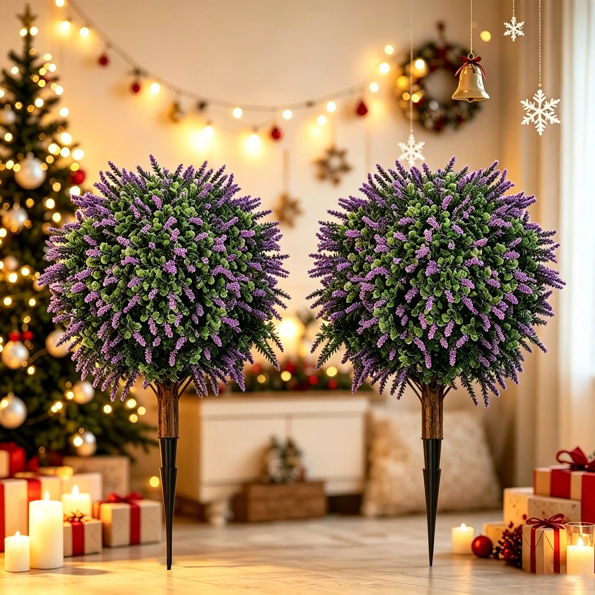 DLDA 2-Pack 24in Lifelike Artificial Lavender Boxwood Topiary Trees (Home Decor Accessory), UV-Resistant Faux Shrubs with Ground Stake, Easy-Setup Fake Plants for Front Porch & Wedding, Housewarming Gift
