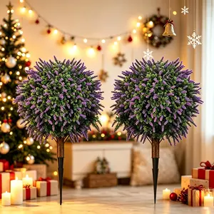 DLDA 2-Pack 24in Lifelike Artificial Lavender Boxwood Topiary Trees (Home Decor Accessory), UV-Resistant Faux Shrubs with Ground Stake, Easy-Setup Fake Plants for Front Porch & Wedding, Housewarming Gift
