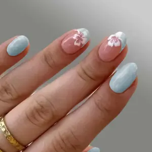 24pcs Short Oval Blue Flower French Acrylic Press-On Nails Set, Includes Jelly Glue and Nail File, Easy Wear, Perfect for Parties and Daily Use