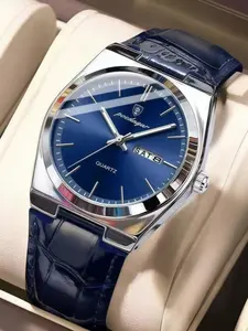 Men's Casual Business Watch, Luminous 30m Waterproof Quartz Watch, Simple Calendar, Blue Leather Strap, Luxury Dress Watch