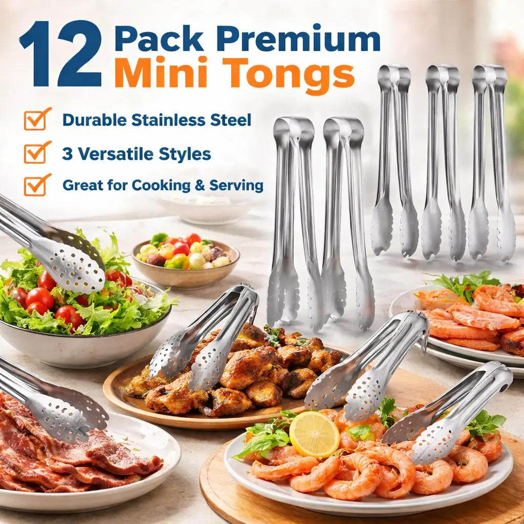 12-Pack Premium 5.1-Inch Mini Stainless Steel Serving Tongs, Small Kitchen Utensils for Buffet, Cheese, Snacks