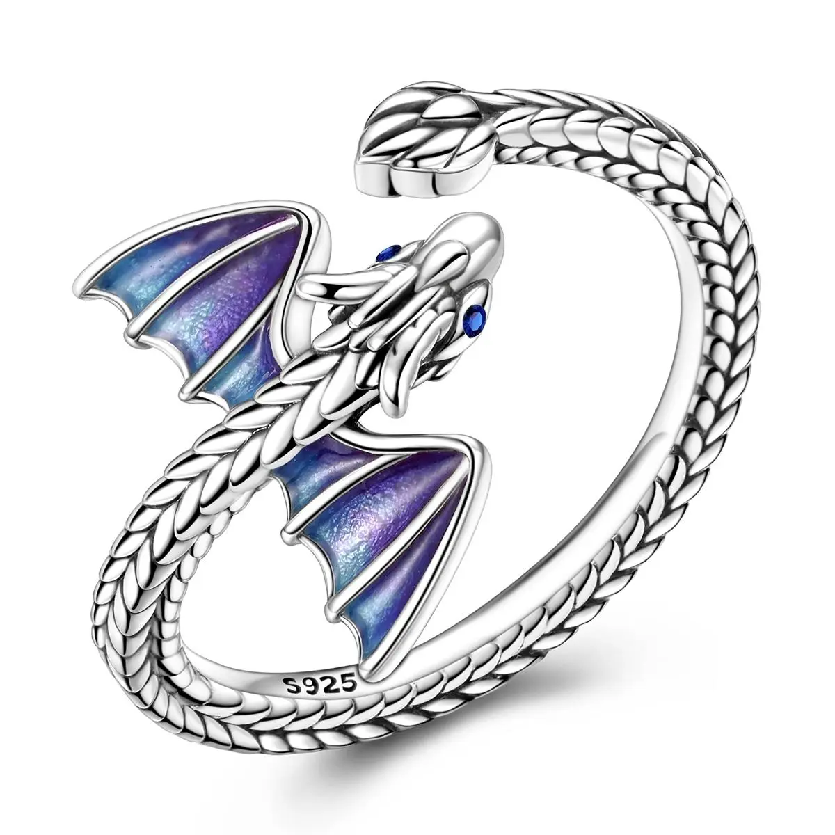 Fantasy Dragon Coil Ring for Women, Sterling Silver Wrap Jewelry with Enamel Wings & Zirconia, Power Symbol for Adults, Everyday & Anniversary Gift