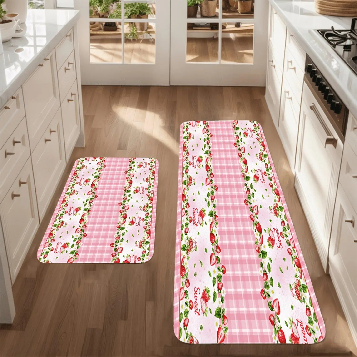 Flannel Kitchen Rug Pink Plaid Strawberry Border Print Anti-slip Indoor Floor Mat