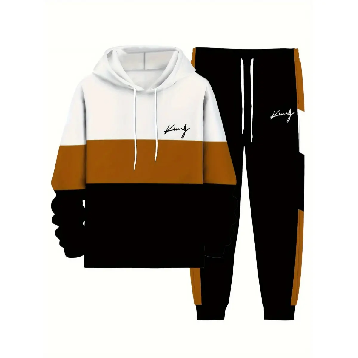 Men's 2-Piece Casual Wear Set, Contrasting Print Hooded Long-Sleeved Sweatshirt & Drawstring Hood Sweatpants, Ideal for Spring & Autumn Outdoor Activities, Two-Pieces