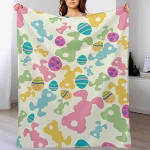 Easter Bunny & Colorful Eggs Blanket, Pastel Spring Silhouette Throw, Cute Holiday Decor for Kids, Soft Flannel Fleece Blanket
