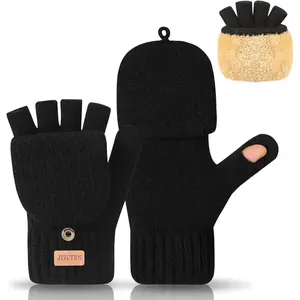 Convertible Fingerless Wool Gloves - Thermal Fleece Lined Winter Mittens with Flip Top for Women Men