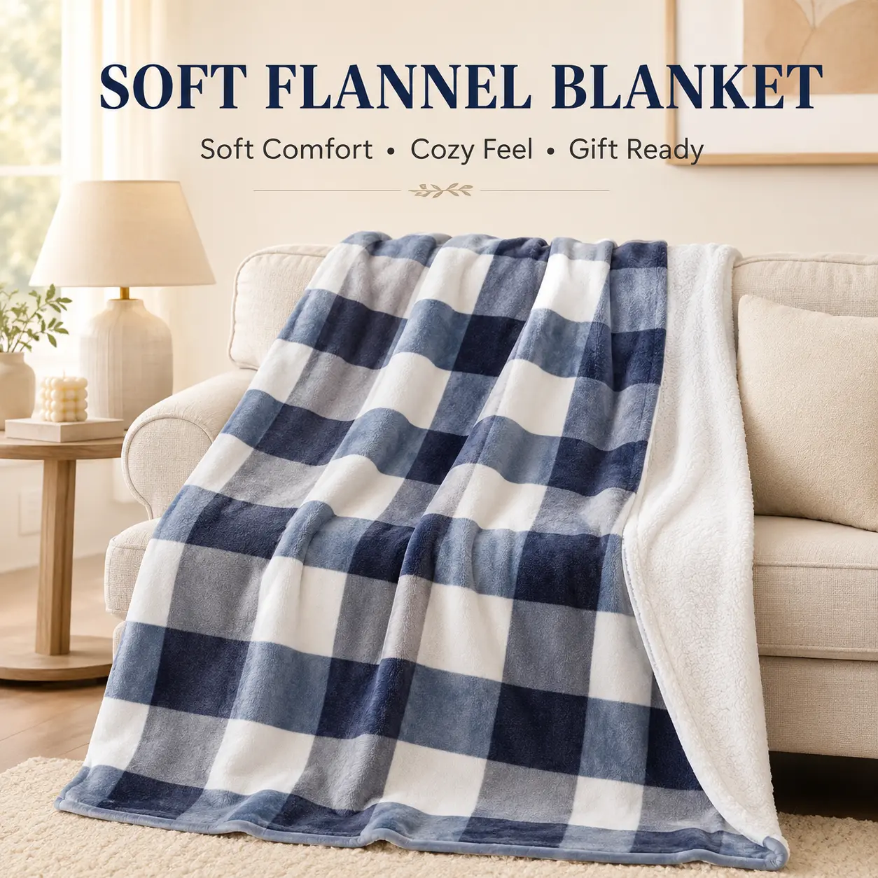 Blue Plaid Flannel Throw Blanket - Navy Gray White Large Checkers, Soft Cozy Lightweight, 1-Sided Classic Print with White Reverse, Multi-Size Room Decor Living Room Home Supplies Accent Gift