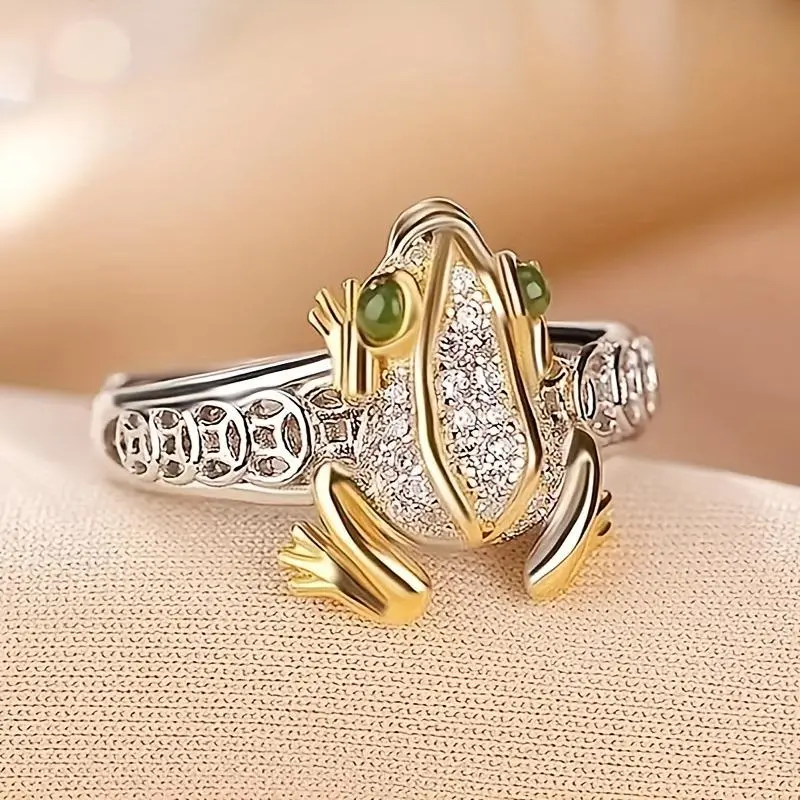 1pcs, Cute and Classic Style, double Colorful Frog Shape Set with Sparkling Rhinestone Ring, daily Wear and Party, creative Gift Perfect for Engagement or Wedding Ring