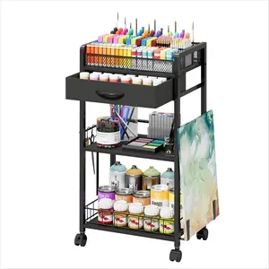 3 Tier Rolling Cart - Metal Utility Cart with Storage Drawer and Wheels, Versatile Art & Craft Organizer for , Office, or Studio Ideal for Storing Brushes, Paints, and Supplies Black
