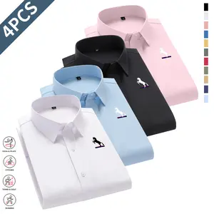 Set of 4 wrinkle-resistant pointed-collar long-sleeve business shirts, solid color regular fit H-shaped cut, soft and comfortable fabric, suitable for work, parties, and office, non-transparent material