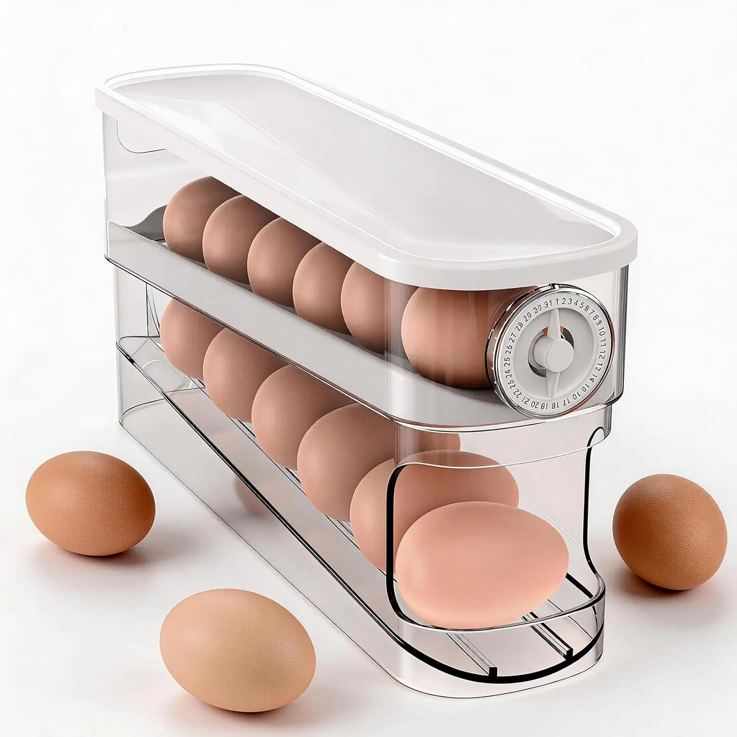 Egg Dispenser For Refrigerator Automatic Rolling,Space-Saving Egg roller,Organizer with Timer Freshness, Covered Dispenser Holds 12 Large Eggs, for Refrigerator, Kitchen, Cabinet & Desktop