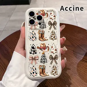 Phone Case for iPhone 16 Pro Max 15 Plus 14 13 12 11 XR XS Cream Cowboy Christmas Delight Pattern Curly Wave Frame Shockproof Silicone TPU Bumper Drop Protection Cover Cellphone Casing