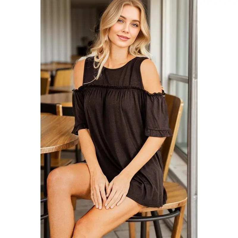 Heimish Full Size Frill Round Neck Cold Shoulder T-Shirt Plus Size
