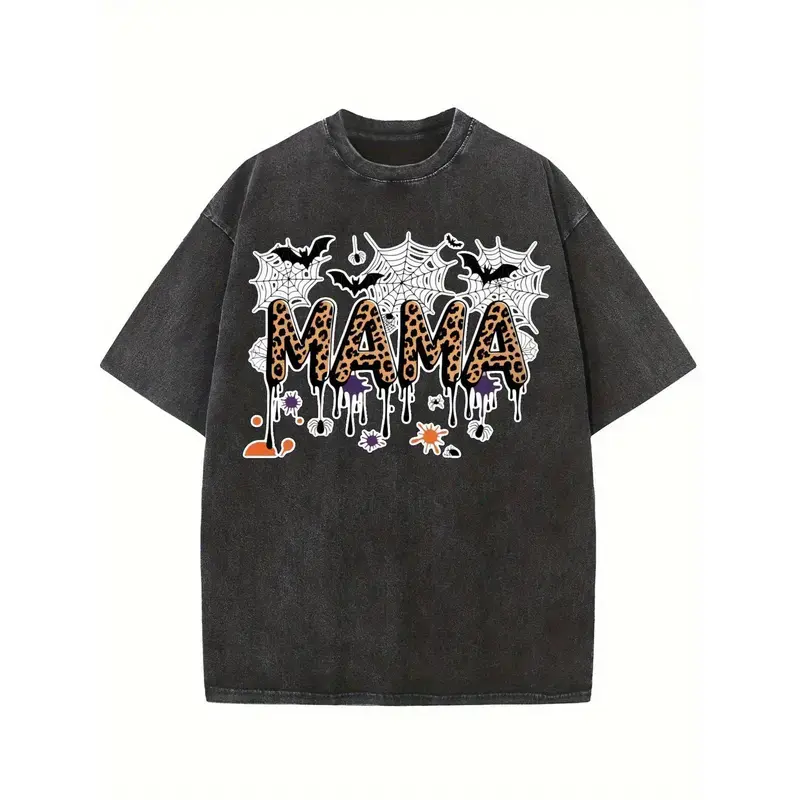 Vintage Wash Halloween MAMA Graphic Tee Oversized Leopard Print T-Shirt 100% Cotton Spooky Season Bat Pumpkin Spider Web Distressed Streetwear Casual Top