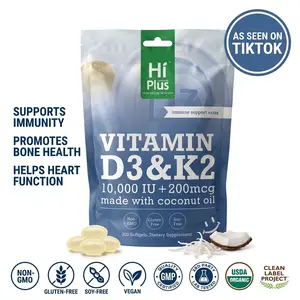 HiPlus Vitamin D3 and K2 10,000 IU & 200 mcg Supports Immune Function & Promotes Bone Health, Pure Ingredients High Dose Vitamin Supplement, Coconut Oil, 300 Softgels
