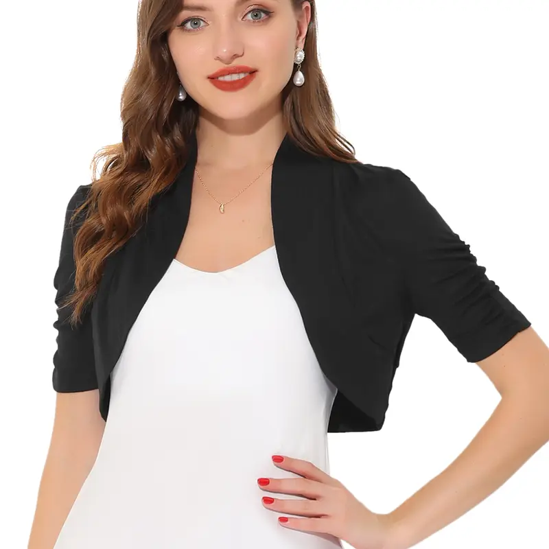 INSPIRE CHIC Short Sleeve Shrugs Women's Ruched Sleeve Open Front Cropped Bolero Cardigan