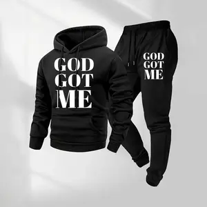 Men's God Got Me Letter Printed Hoodie and Drawstring Sweatpants Set, Menswear, Casual Athletic Long Sleeve Hooded Jacket & Trousers for Fall & Winter, Men's Clothing for Daily Wear, Sportswear Indoor Outdoor, Tracksuit, Athleisure Summer Clothes