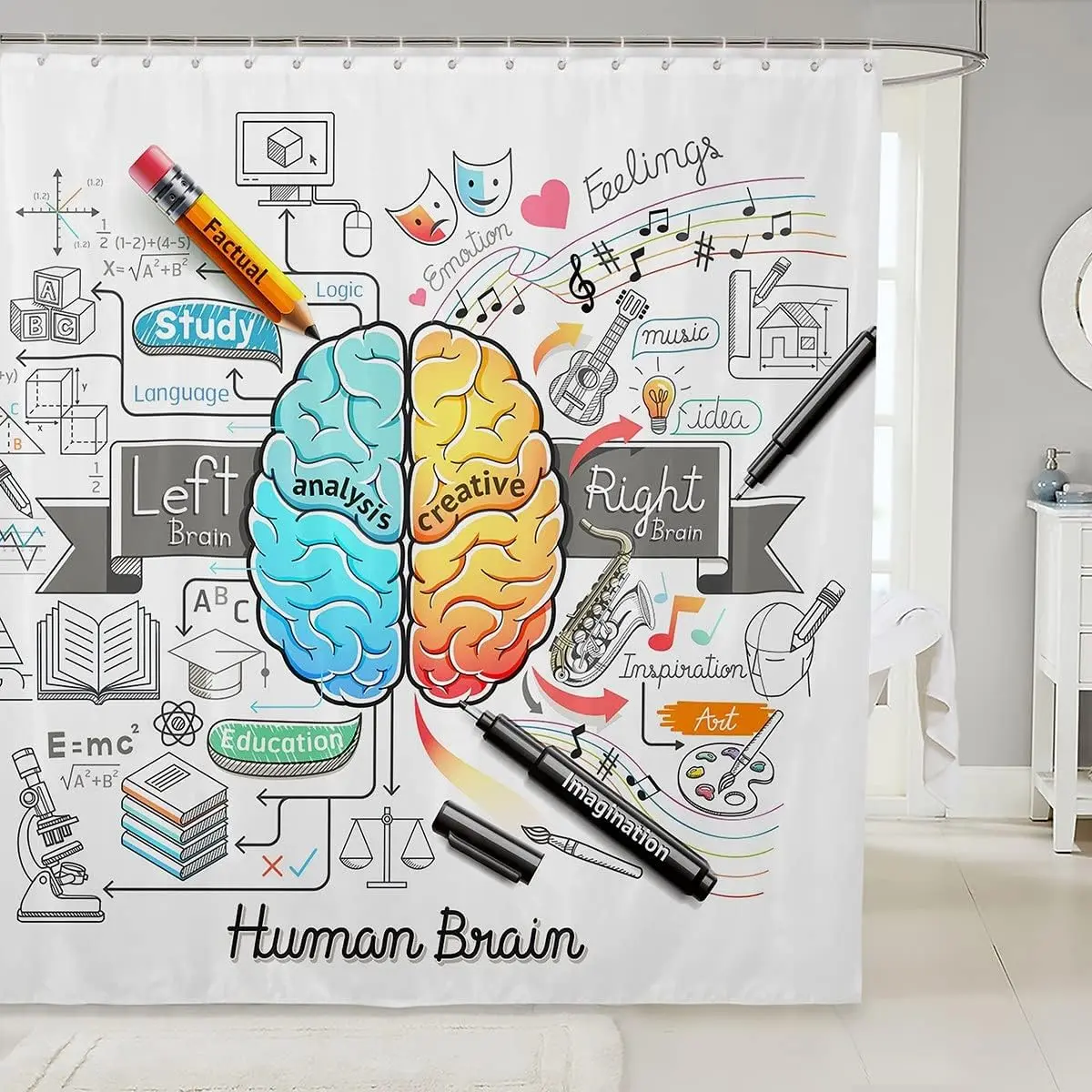Feelyou Fun Human Brain Shower Curtain Accessory Set - Waterproof Washable Shower Curtain Cloth, 12 Hooks, Cool Aesthetic RV Dorm Room Bath Accessory