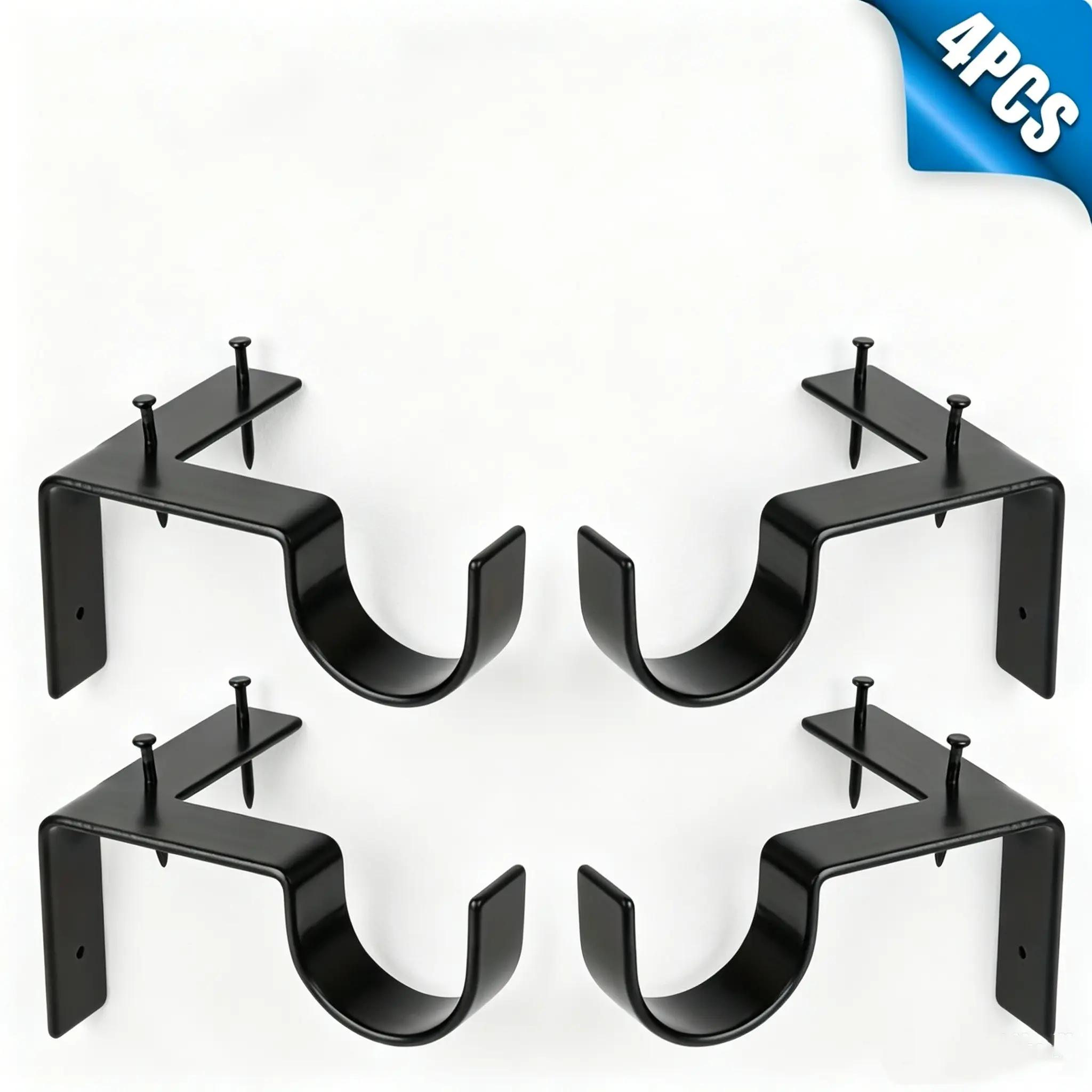 Set of 4 No-Drill Heavy Duty Curtain Rod Brackets - Contemporary Carbon Steel Wall Mount Adjustable Hold, Easy Installation, Strong Load-Bearing for Living Rooms, Bedrooms