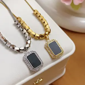 Necklace New Versatile Black Geometric Square Pendant Decoration for Women Fashion Elegant Design Classic Pendant with Rhinestones