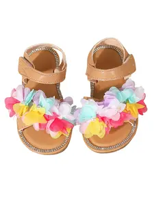 Baby Girls Soft Sole Sandals, Light PU Strap, Gradient Mesh Flower Decor, Rhinestone Trim, Summer Outdoor Play, Party, Beach, Casual Wear