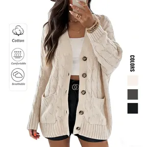 Womens Oversized Cardigans Long Lantern Sleeve Button Down Chunky Knit Loose Fall Sweater Coats in Cotton Comfortable & Breathable Knitwear - Womenswear