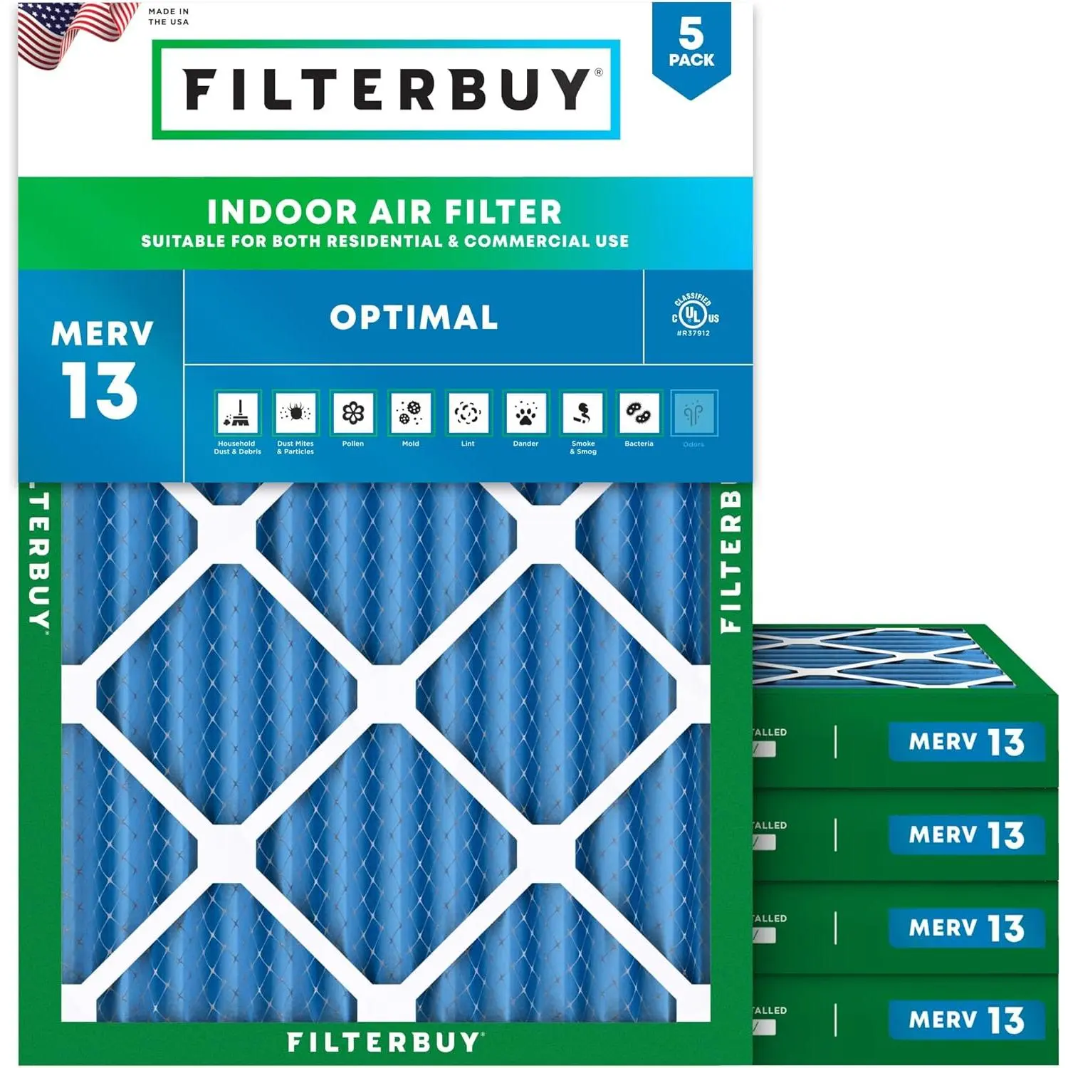 Filterbuy Eco-Friendly Electrostatically Charged MERV 13 HVAC AC Furnace Air Filter (5-Pack, 17.25x23.25x2in Actual Size), Pleated Optimal Defense, 200°F Temp Resistance, Withstands Moisture